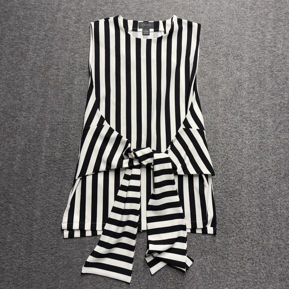Gracia Sleeveless Blouse Women's Large Black/White Striped Tie Front Stretch - Picture 1 of 5